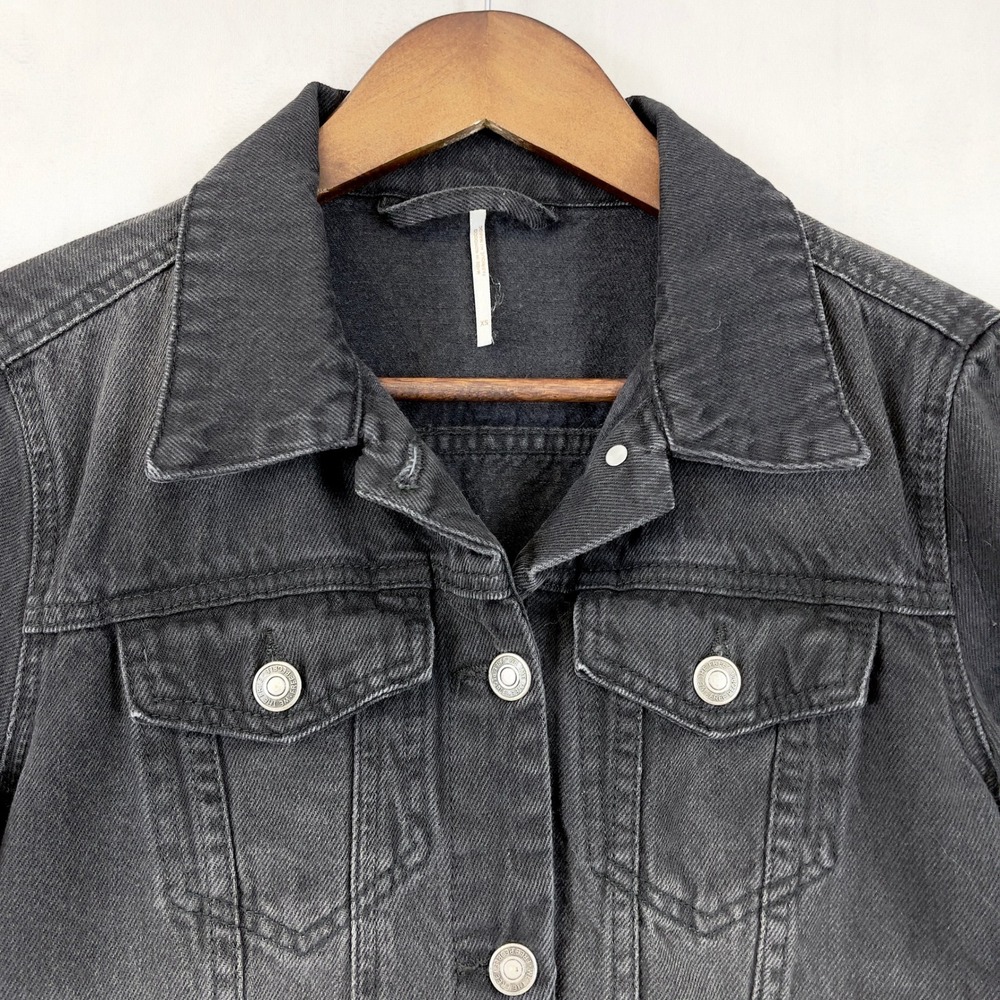 Free People Women Denim Jacket XS Black Grunge Indie Rock Trucker Western‎ Urban - Picture 2 of 14